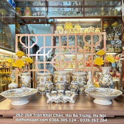 Bộ Đồ Thờ Gia Tiên Men Rạn Vẽ Vàng 24K