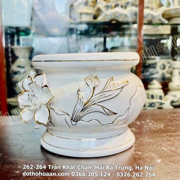 Bát Hương Sứ Liên Hoa Men Trắng – Đường Kính 14 cm2