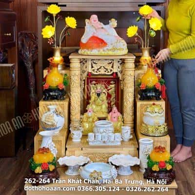 Bộ Ban Thờ Thần Tài Gỗ Xoan Mái Bằng Cột Rồng Sứ Liên Hoa Trắng02