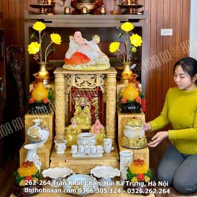 Bộ Ban Thờ Thần Tài Gỗ Xoan Mái Bằng Cột Rồng Sứ Liên Hoa Trắng021