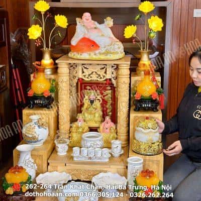 Bộ Ban Thờ Thần Tài Gỗ Xoan Mái Bằng Cột Rồng Sứ Liên Hoa Trắng024