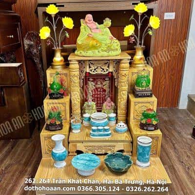 Bộ Ban Thờ Thần Tài Gỗ Xoan Mái Bằng Cột Rồng Vân Đá Xanh