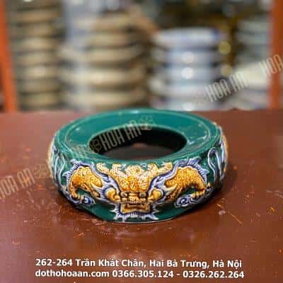 Chân Đế Bát Hương Men Xanh Lục Bảo Đắp Nổi
