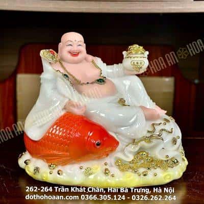 Tượng Phật Di Lặc Cá Bột Đá Trắng4
