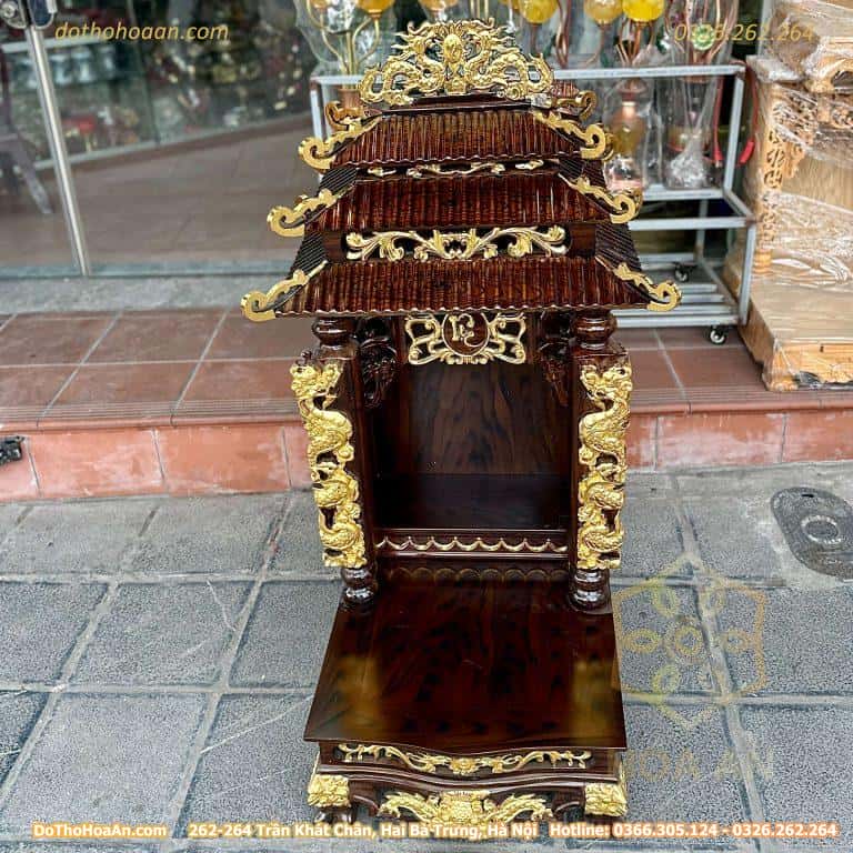 Ban Thờ Thần Tài 3 Mái Gỗ Xoan Cột Rồng Dát Vàng Màu Óc Chó