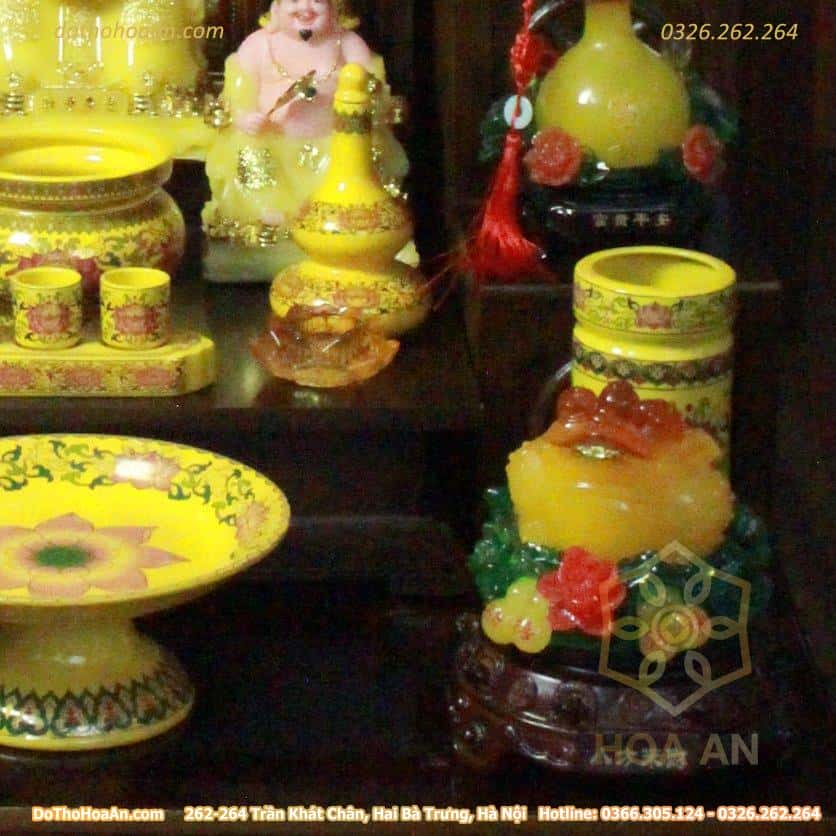 Ban Thờ Thần Tài Đương Đại Gỗ Xoan Màu Óc Chó Sứ Gấm Vàng (11)