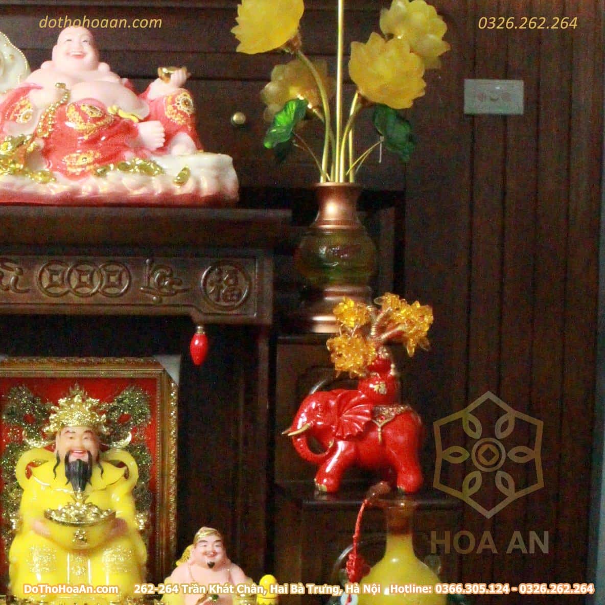 Ban Thờ Thần Tài Đương Đại Gỗ Xoan Màu Óc Chó Sứ Gấm Vàng (4)