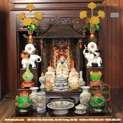 Bộ Ban Thờ Thần Tài Gỗ Gụ Một Mái Chùa Kết Hợp Sứ Men Rạn Đắp Nổi