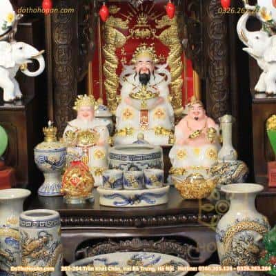 Bộ Ban Thờ Thần Tài Gỗ Gụ Một Mái Chùa Kết Hợp Sứ Men Rạn Đắp Nổi