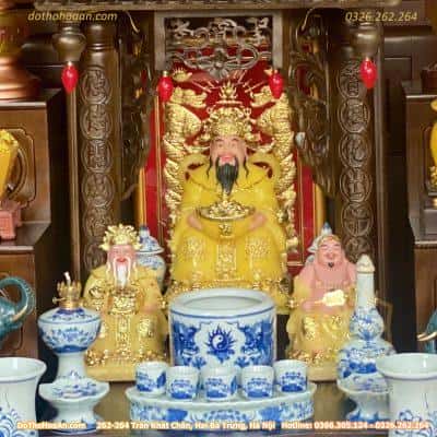 Bộ Ban Thờ Thần Tài Gỗ Gụ Một Mái Chùa Kết Hợp Sứ Men Ngọc