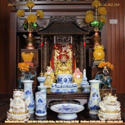 Bộ Ban Thờ Thần Tài Gỗ Gụ Một Mái Chùa Kết Hợp Sứ Men Ngọc