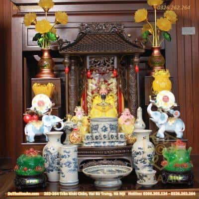 Bộ Ban Thờ Thần Tài Gỗ Gụ Một Mái Chùa Kết Hợp Sứ Men Rạn Vẽ
