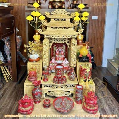 Bộ Ban Thờ Thần Tài Thổ Địa Gỗ Pơmu 3 Mái Chùa Cột Rồng Sứ Men Đỏ Vẽ Vàng