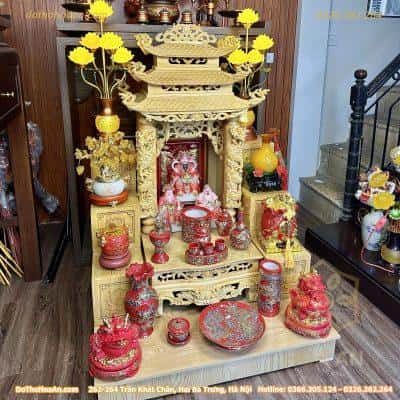 Bộ Ban Thờ Thần Tài Thổ Địa Gỗ Pơmu 3 Mái Chùa Cột Rồng Sứ Men Đỏ Vẽ Vàng