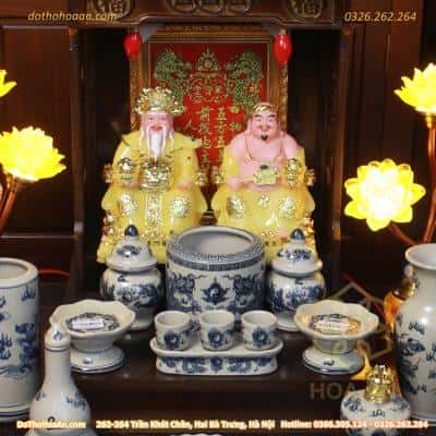 Bộ Ban Thờ Thần Tài Thổ Địa Đương Đại Gỗ Xoan Màu Óc Chó Sứ Rạn Vẽ