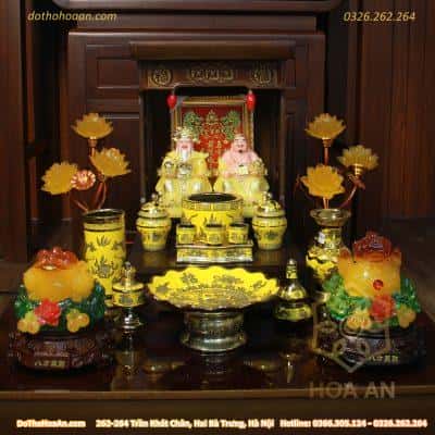 Bộ Ban Thờ Thần Tài Đương Đại Gỗ Xoan Màu Óc Chó Sứ Kim Sa
