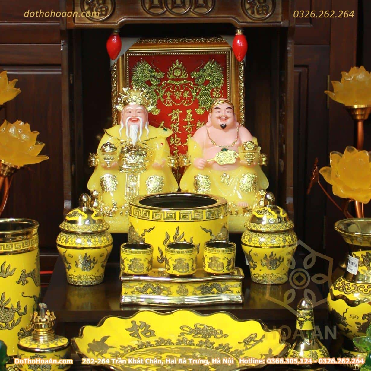 Bộ Ban Thờ Thần Tài Gỗ Xoan Mái Bằng Chân Quỳ Màu Nâu Sứ Kim Sa Vàng Bộ Ban Thờ Thần Tài Đương Đại Gỗ Xoan Màu Óc Chó Sứ Kim Sa