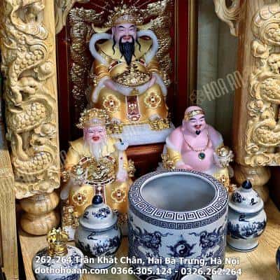 Bộ Ban Thờ Thần Tài Thổ Địa Gỗ Pơmu 3 Mái Sứ Rạn Vẽ