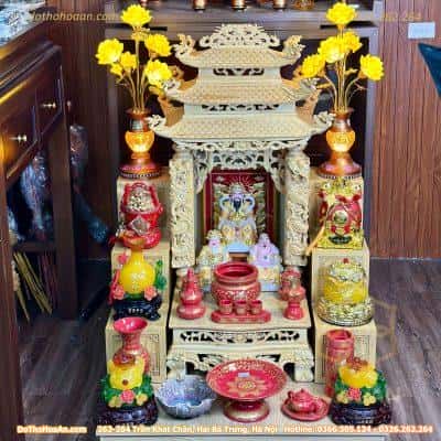 Bộ Ban Thờ Thần Tài Thổ Địa Gỗ Pơmu 3 Mái Cột Rồng Sứ Gấm Đỏ