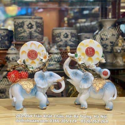 Cặp Voi May Mắn Tài Lộc Màu Xanh Nhạt