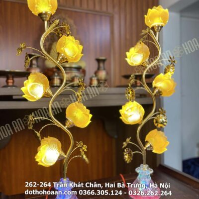 Đèn Thờ Hoa Sen 5 Bông Lưu Ly Thân Cong Pha Lê