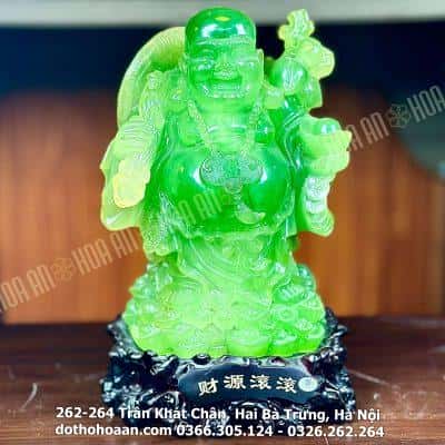 Tượng Di Lặc Đứng Vác Cành Đào Bột Đá Xanh Lá