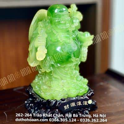 Tượng Di Lặc Đứng Vác Cành Đào Bột Đá Xanh Lá