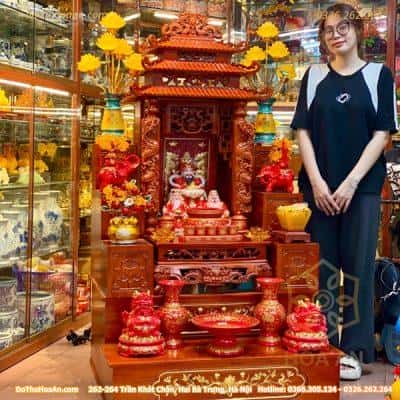 Bộ Ban Thờ Thần Tài Gỗ Xoan Màu Hương Kết Hợp Sứ Vân Đá Đỏ