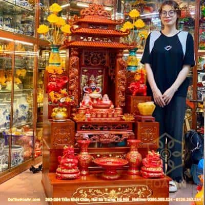 Bộ Ban Thờ Thần Tài Gỗ Xoan Màu Hương Kết Hợp Sứ Vân Đá Đỏ1