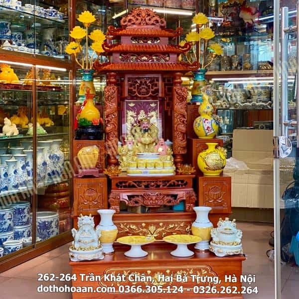 Bộ Ban Thờ Thần Tài Gỗ Xoan Màu Hương Kết Hợp Sứ Vân Đá Vàng2
