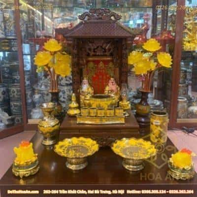 Bộ Đồ Thờ Thần Tài Gỗ Xoan Mái Chùa Sứ Vàng Kim Sa