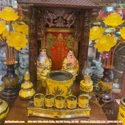 Bộ Đồ Thờ Thần Tài Mái Chùa Gỗ Xoan Sứ Vàng Kim Sa2