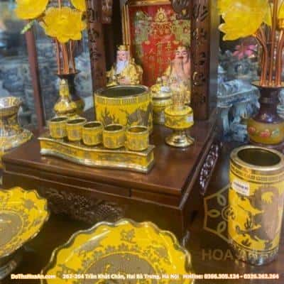 Bộ Đồ Thờ Thần Tài Mái Chùa Gỗ Xoan Sứ Vàng Kim Sa3