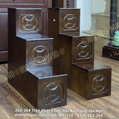 Bục Tam Cấp Kê Bàn Thờ Thần Tài Gỗ Thông Màu Óc Chó Đục Tiền