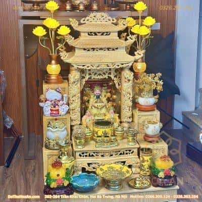 Ban Ban Thờ Thần Tài Gỗ Pơmu 3 Mái Cột Rồng Sứ Kim Sa Vàng