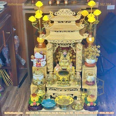 Ban Ban Thờ Thần Tài Gỗ Pơmu 3 Mái Cột Rồng Sứ Kim Sa Vàng