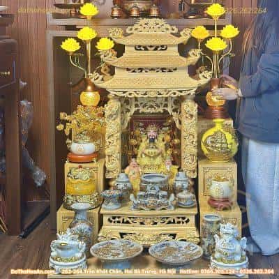 Bộ Ban Thờ Thần Tài Gỗ Pơmu 3 Mái Cột Rồng Sứ Men Rạn Vẽ Vàng