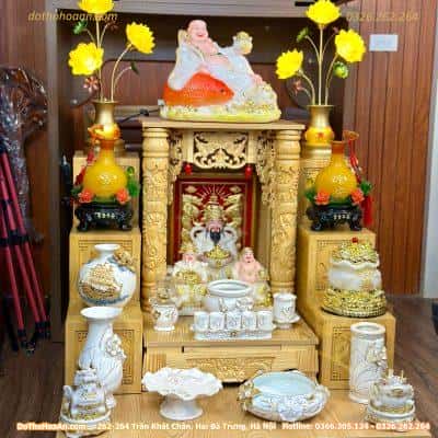 Bộ Ban Thờ Thần Tài Thổ Địa Gỗ Xoan Mái Bằng Cột Rồng Sứ Liên Hoa Trắng 2