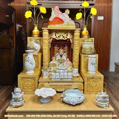 Bộ Ban Thờ Thần Tài Thổ Địa Gỗ Xoan Mái Bằng Cột Rồng Sứ Liên Hoa Trắng 2