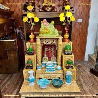 Bộ Ban Thờ Thần Tài Thổ Địa Gỗ Xoan Mái Bằng Cột Rồng Sứ Vân Đá Xanh