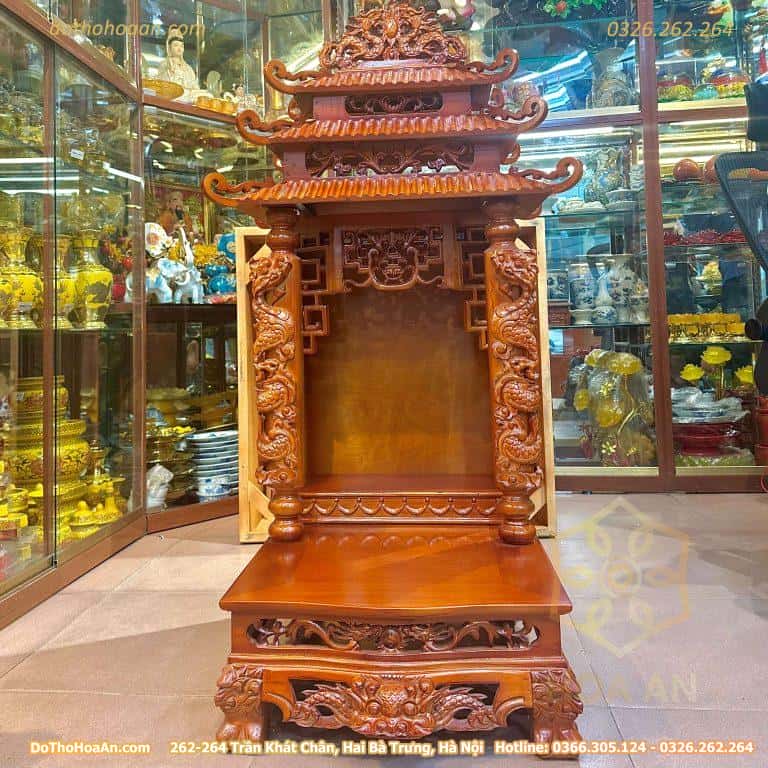 Ban Thờ Thần Tài 3 Mái Gỗ Xoan Màu Hương