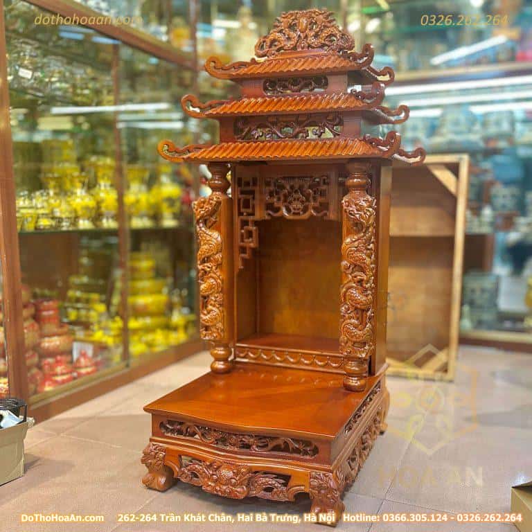 Ban Thờ Thần Tài 3 Mái Gỗ Xoan Màu Hương