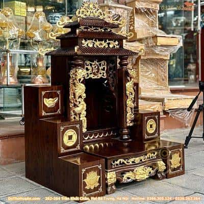 Combo Ban Thờ Thần Tài 3 Mái Gỗ Xoan Cột Rồng Dát Vàng Màu Óc Chó Và Bục Tam Cấp Bàn Thờ Thần Tài Xoan Vân Đục Dát Vàng