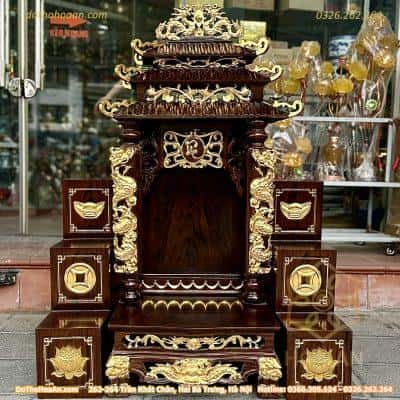 Combo Ban Thờ Thần Tài 3 Mái Gỗ Xoan Cột Rồng Dát Vàng Màu Óc Chó Và Bục Tam Cấp Bàn Thờ Thần Tài Xoan Vân Đục Dát Vàng