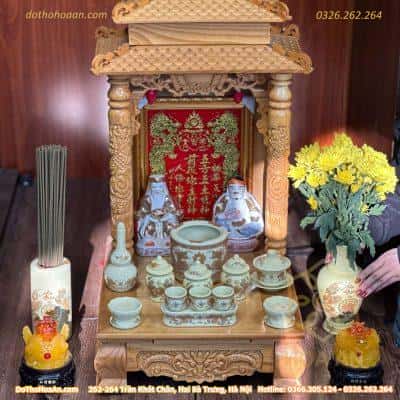 Bộ Bàn Thờ Thần Tài Gỗ Xoan 2 Mái Chùa Màu Vàng Sứ Vàng Ngà