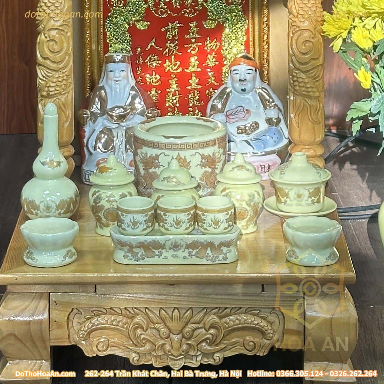 Bàn Thờ Thần Tài Gỗ Xoan 2 Mái Chùa Màu Vàng Sứ Vàng Ngà (5)