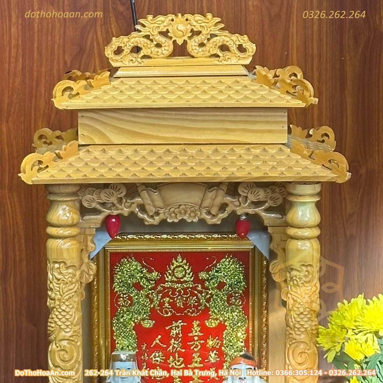 Bàn Thờ Thần Tài Gỗ Xoan 2 Mái Chùa Màu Vàng Sứ Vàng Ngà (7)