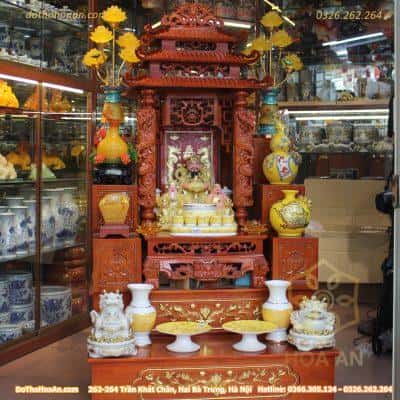 Bộ Ban Thờ Thần Tài 3 Mái Chùa Gỗ Xoan Màu Hương Vân Đá Vàng