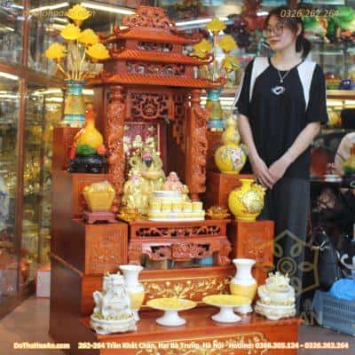 Bộ Ban Thờ Thần Tài 3 Mái Chùa Gỗ Xoan Màu Hương Vân Đá Vàng