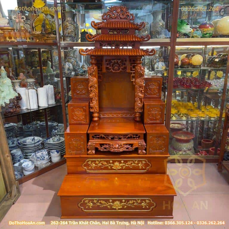 Bộ Ban Thờ Thần Tài 3 Mái Gỗ Xoan Màu Hương